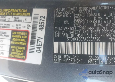 2010 Toyota Sienna Xle/Xle Limited из США, поврежденный, VIN 5TDYK4CC7AS337726